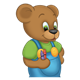 Button Bear holding two crayons in right hand