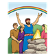 Noah and family sacrificing, rainbow in background