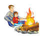 Dad and Son roasting hot dogs over the fire
