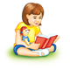 Girl Reading with Doll with a green background