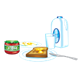 Breakfast with milk, toast, eggs, jam
