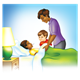 Caring for Sick Boy mom and friend with a blue background