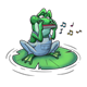 Frog Playing a Harmonica sitting on a lily pad with music notes