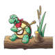 Turtle Playing a Banjo sitting on a log with cattails