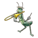 Grasshopper playing a trombone, wearing hat