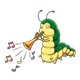Caterpillar playing trumpet, has music notes