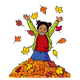 Girl Jumping in Leaves with leaves falling