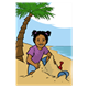Tropical Beach girl playing in sand, toys, palm tree