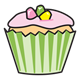 Vanilla Cupcake with green wrapper and pink frosting