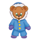 Button Bear wearing a parka and purple mittens