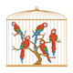 Golden Bird Cage with five parrots