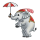 Baby Circus Elephant holding a red and white umbrella