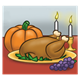Thanksgiving Dinner with a turkey, grapes, and a pumpkin