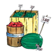 Produce Stand with watermelon, apples, and yellow bin