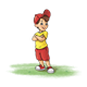 Boy with red hat and shorts, has grass