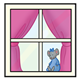 Window with pink curtains and mouse doll