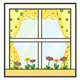 Window with polka-dot curtains and flowers in flower box