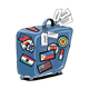 Blue Suitcase with wheels, international stickers, and shadow