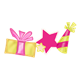 Party Items with pink and yellow gift and decorations