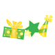 Party Items with green and yellow gift and decorations