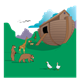 Noah's Ark on grass with animals milling about