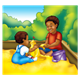 Two Boys building sand castle in sandbox, with background