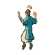 Leper with hat flying off and arms in air