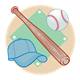 Baseball Items field, bat, cap, and ball