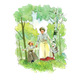 Woman and Little Girl holding hands, walking in woods