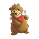 One Bear wearing a red neckerchief, holding a fork