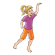 Girl in Purple Shirt wearing orange shorts, has ponytail