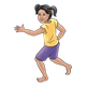 Girl in Yellow Shirt wearing purple shorts, with pigtails